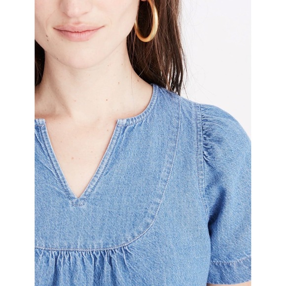 Madewell Denim Popover Swing Puff Sleeve Top Size M Blue Cotton Linen Blend - Picture 4 of 15